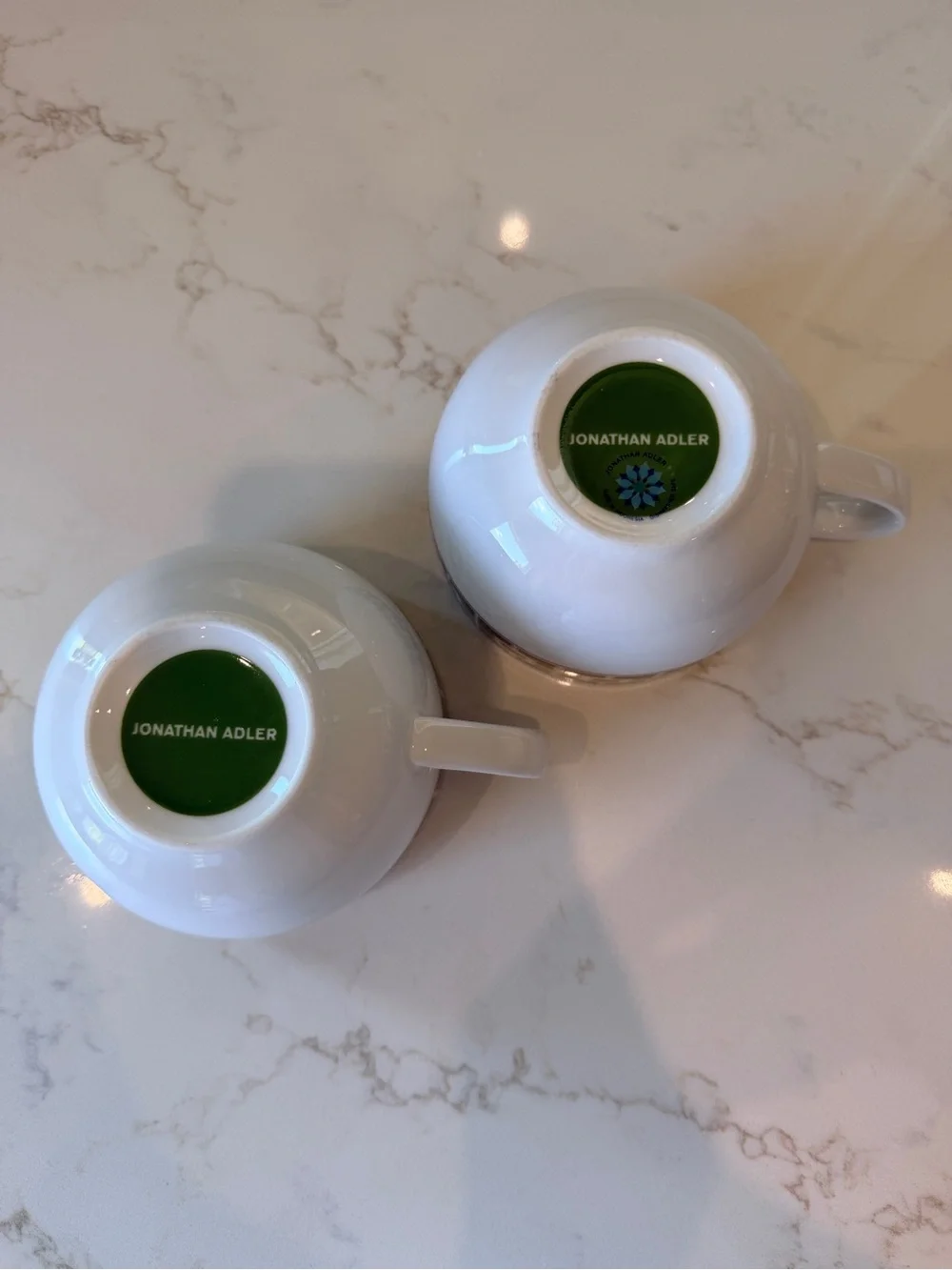Set of 2 - Jonathan Adler Nixon Mugs Green and Silver on White (Porcelain)